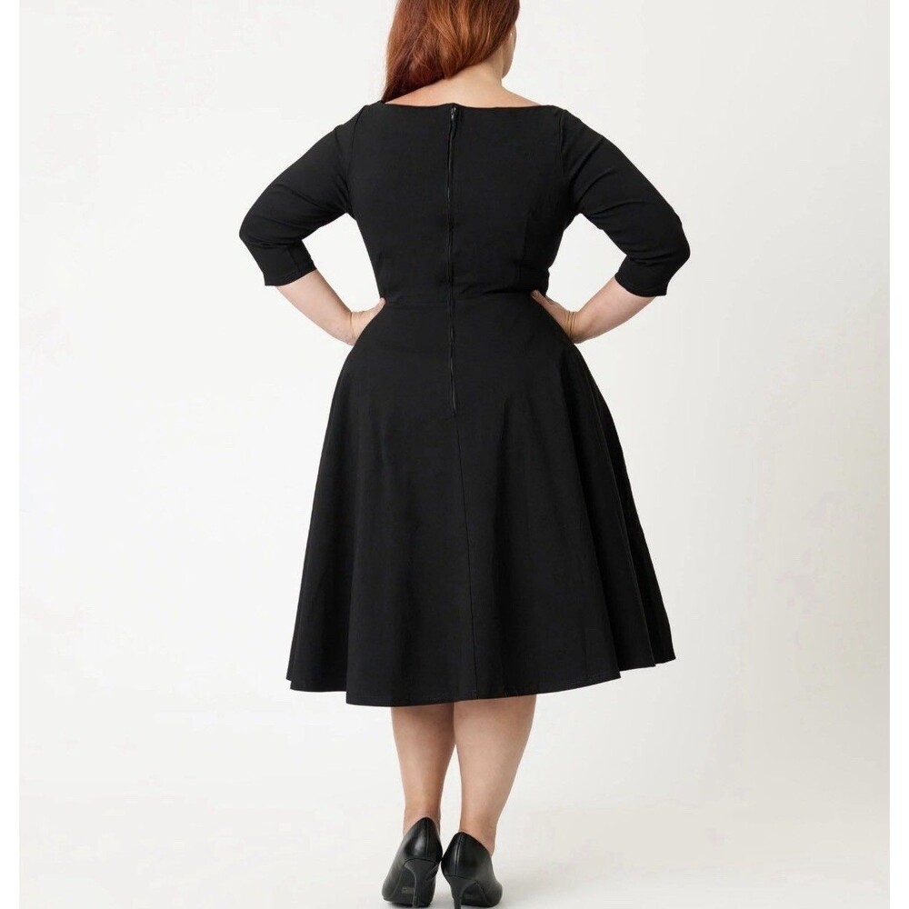 Unique Vintage XL 14 Dolores Swing Black Dress Midi Women’s Stretch - Picture 2 of 14